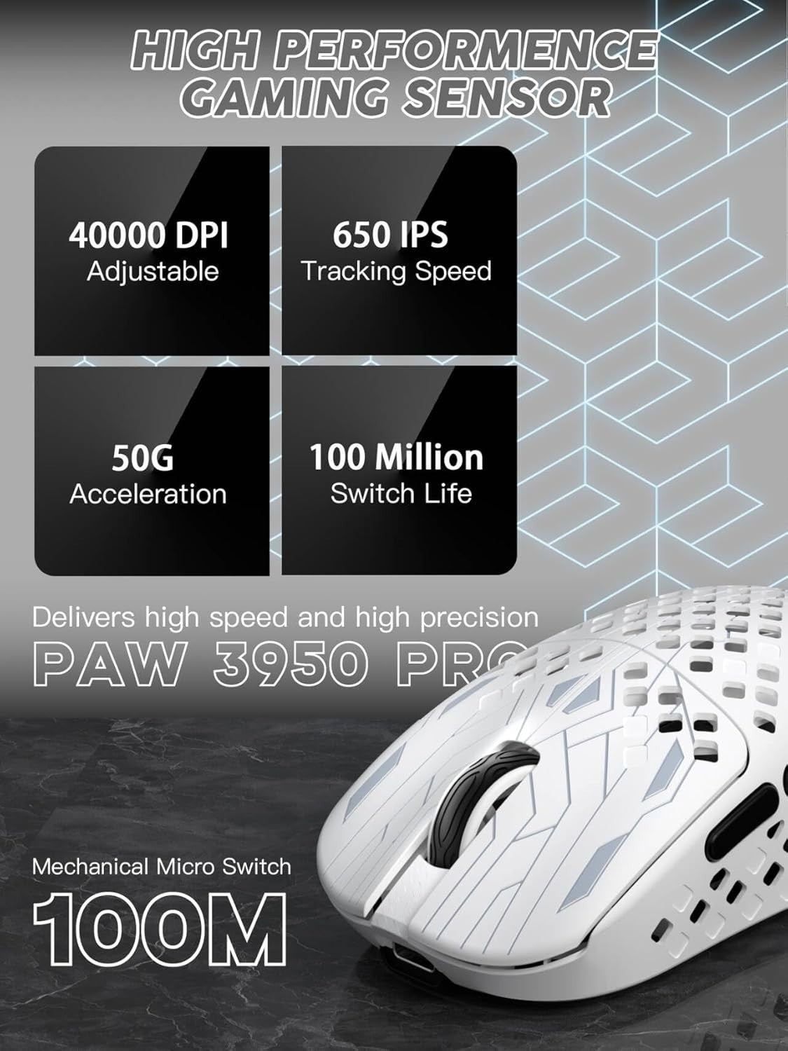 40K DPI Ultra-Light Wireless Gaming Mouse 41g Carbon FPS RGB