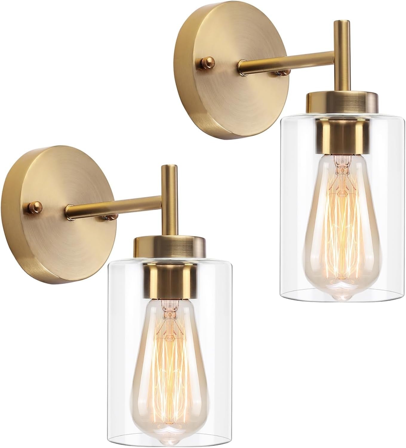 Vintage Gold Wall Lights 2-Pack with Glass Shade | Dimmable Bedroom & Bathroom