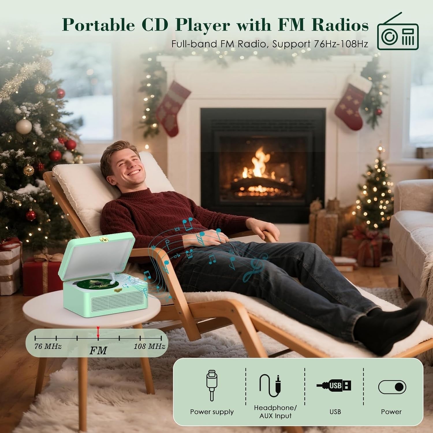 Retro Bluetooth CD Player FM Radio USB AUX HiFi Speakers Green PU