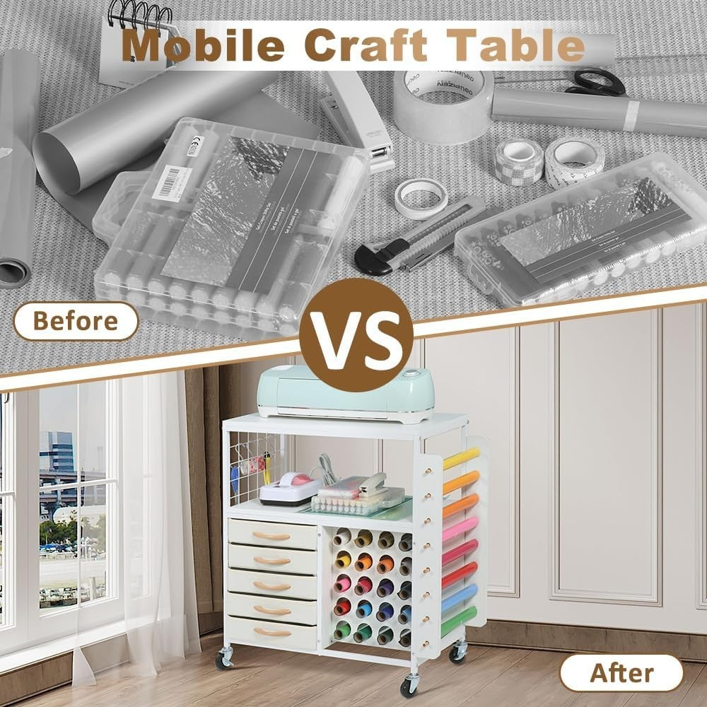 Craft Storage Cart Rolling Cricut Table Vinyl Holder 5 Drawers White