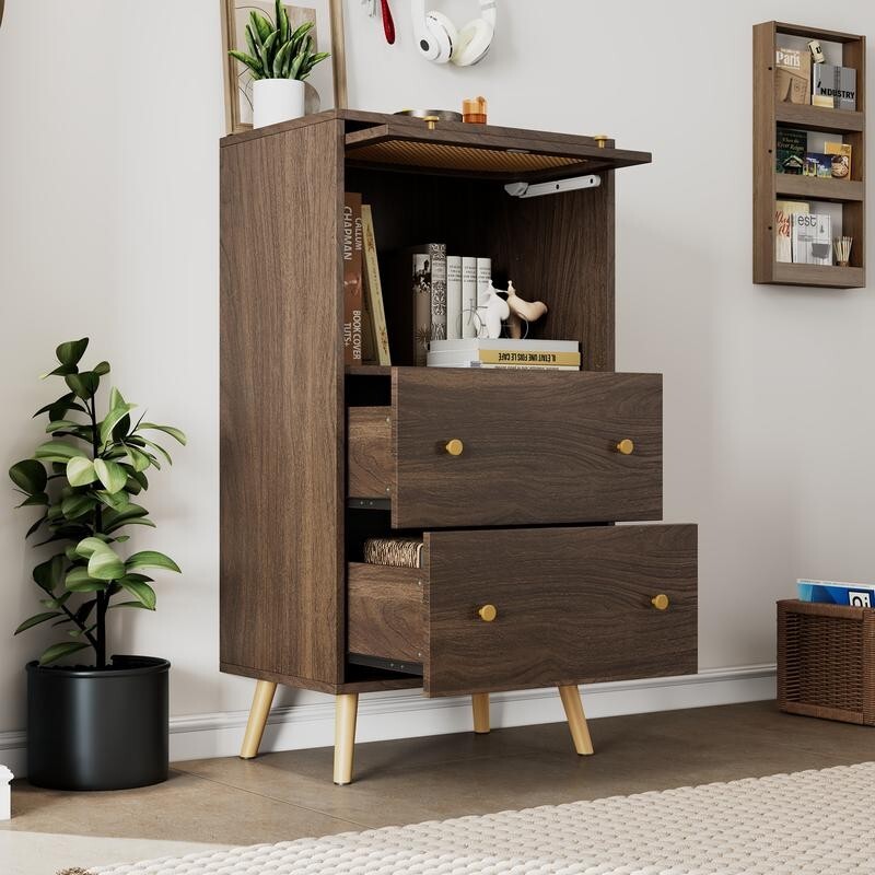 Rattan Drawer Cabinet Sideboard with Flip Door Storage Unit Bedroom 113cm