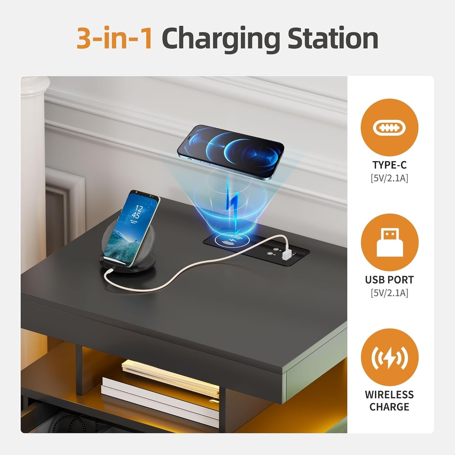 LED Bedside Tables Set of 2 with Hidden Drawer, Wireless Charging & Storage