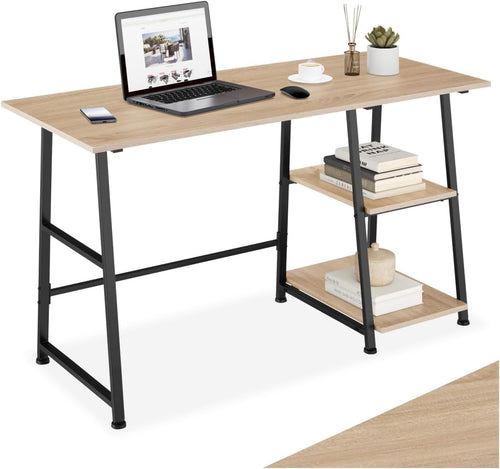 Modern Computer Desk Light Wood 120cm with Shelves & Steel Frame Office Table