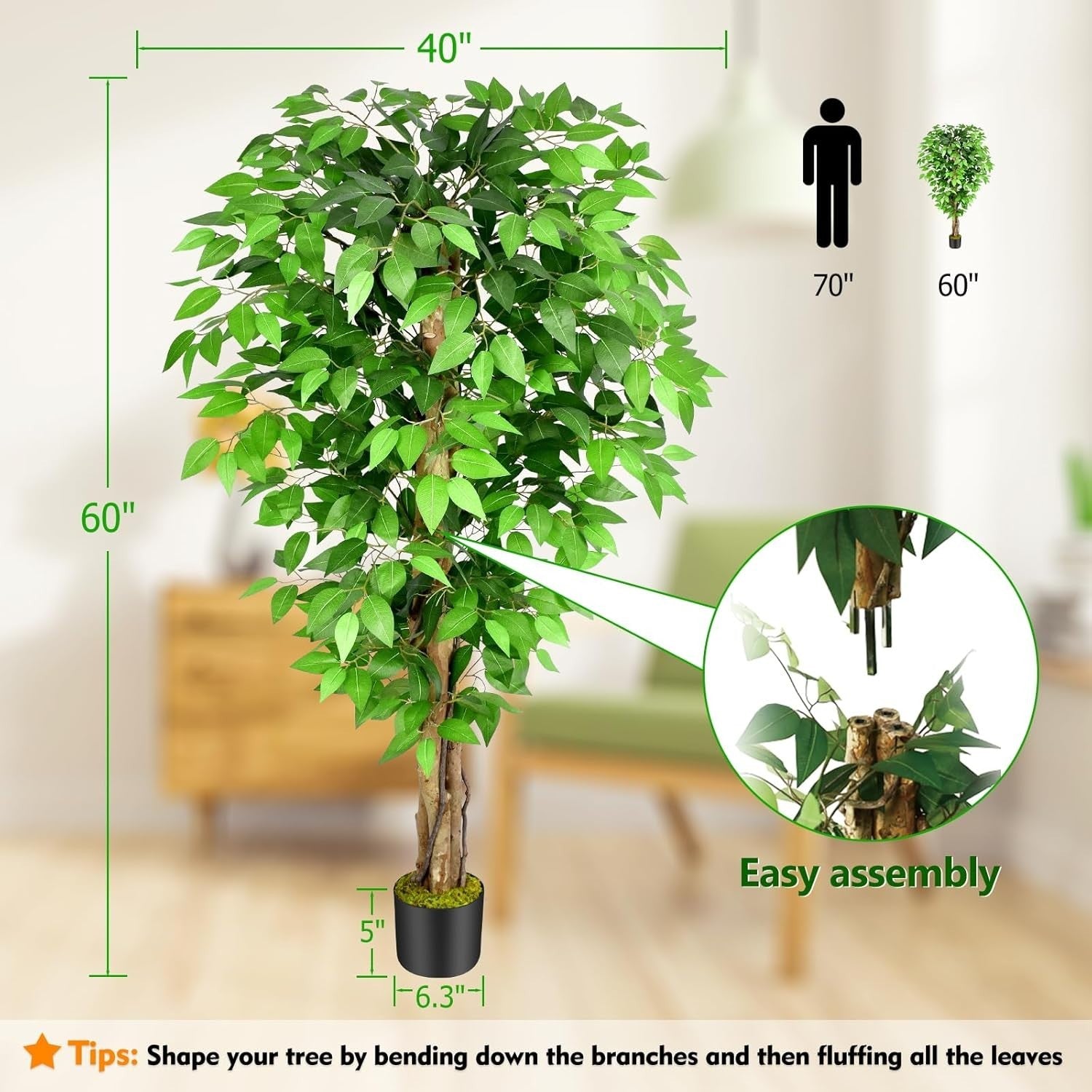 5ft Artificial Ficus Trees Set of 2 Tall Lush Green Curved Trunk Indoor Decor