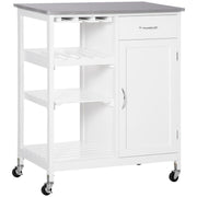 White Kitchen Trolley with Marble Top, Shelves & Wine Rack on Wheels