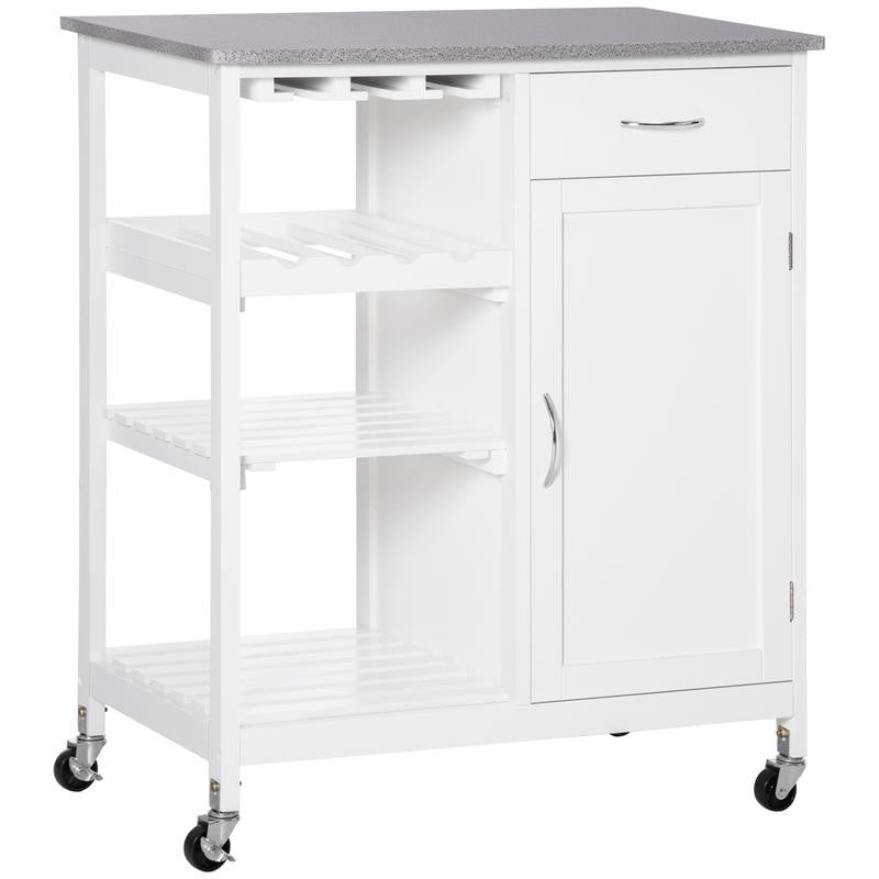 White Kitchen Trolley with Marble Top, Shelves & Wine Rack on Wheels