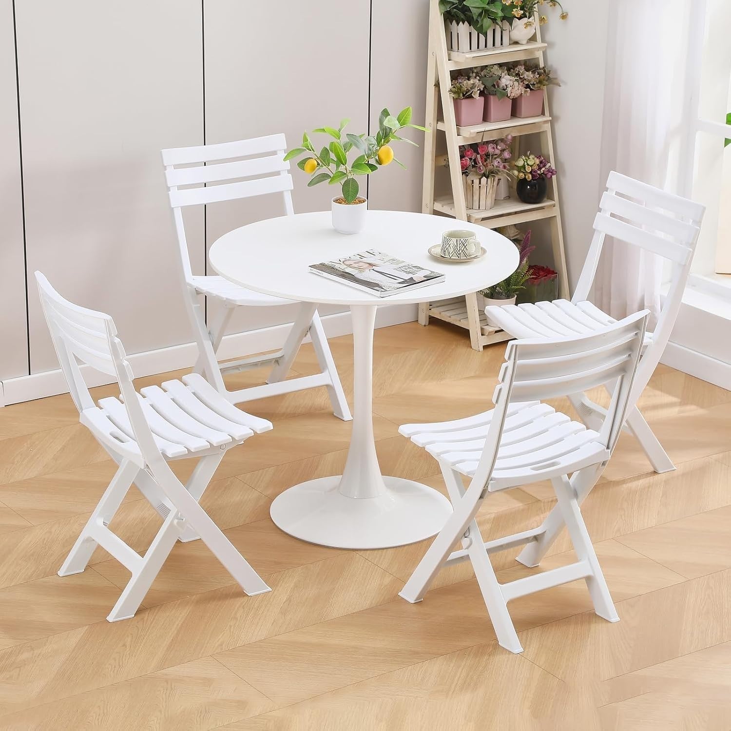 White Folding Chairs Set of 4 Stackable Outdoor Indoor Garden Seating