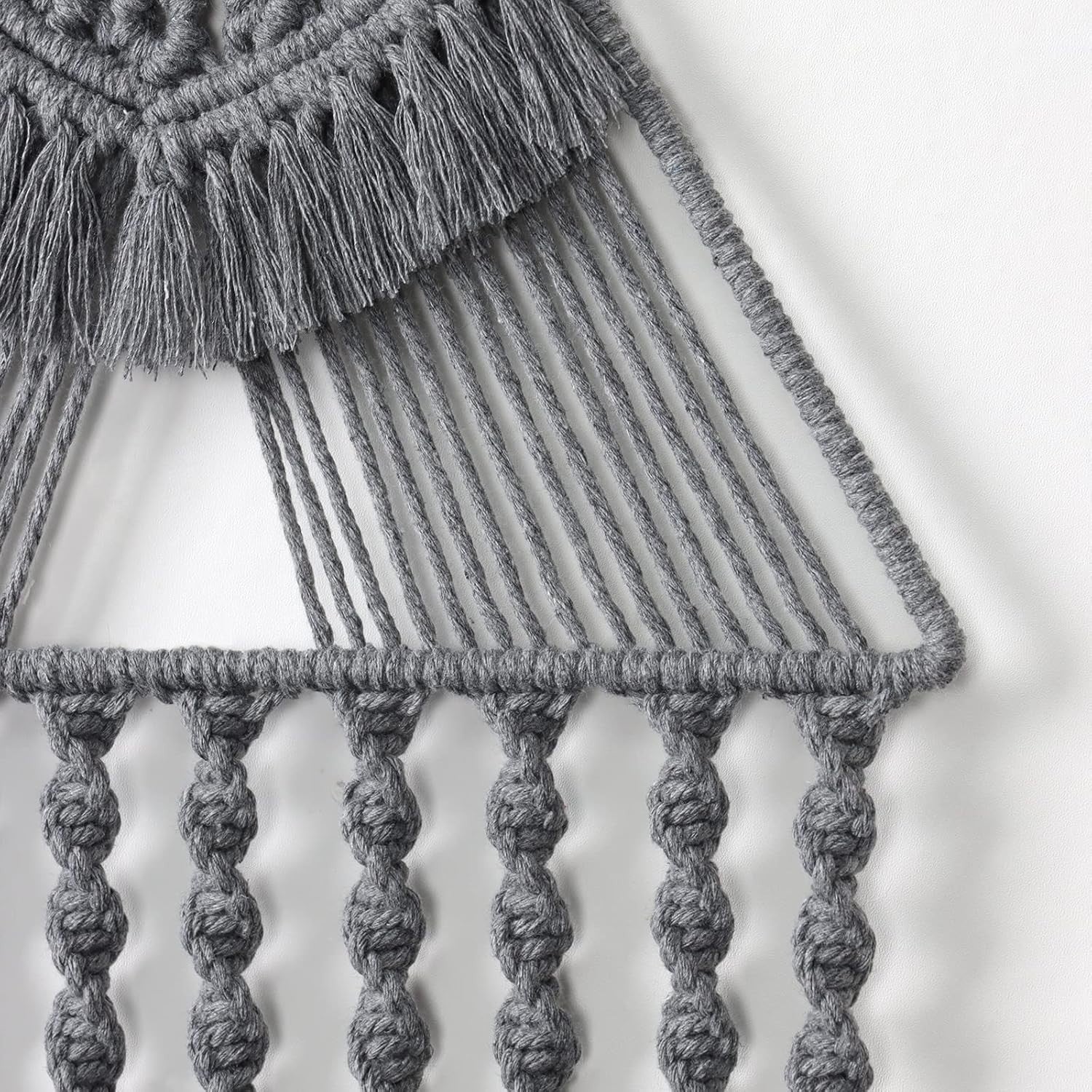 Grey Boho Triangle Macrame Wall Hanging 27" Cotton Tassel