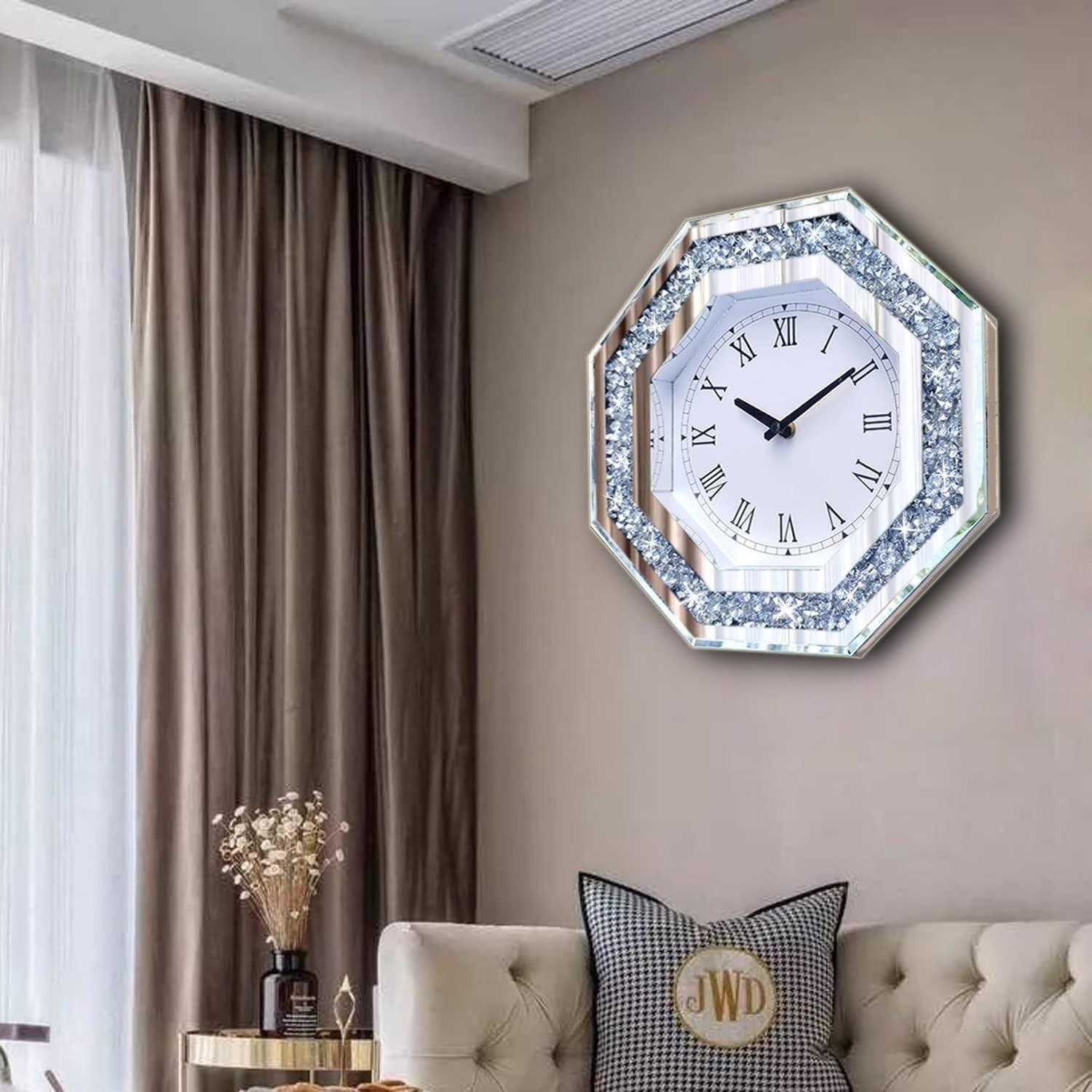 Large Octagon Mirror Wall Clock Diamond Frame Silent Non-Ticking 20 Inch