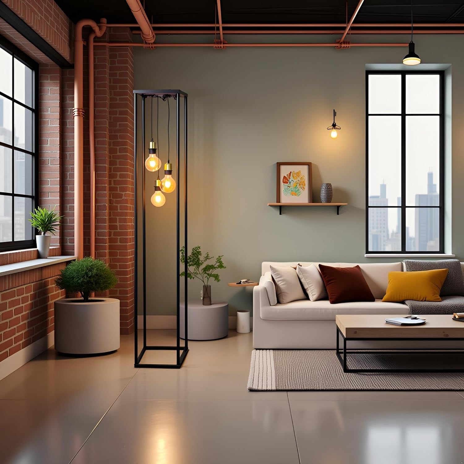 Industrial Metal Floor Lamp Black Square Frame E27 Modern Living Room