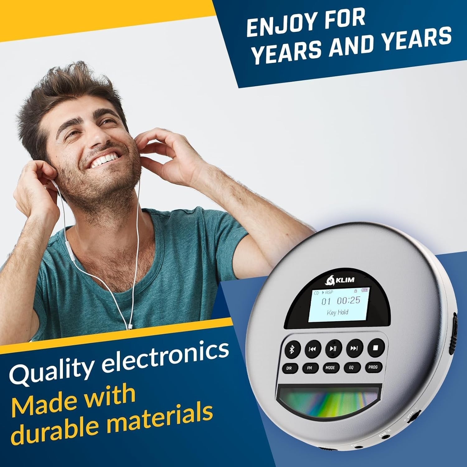 Portable CD Player Bluetooth FM Radio TF Card Rechargeable Grey w/ Earbuds