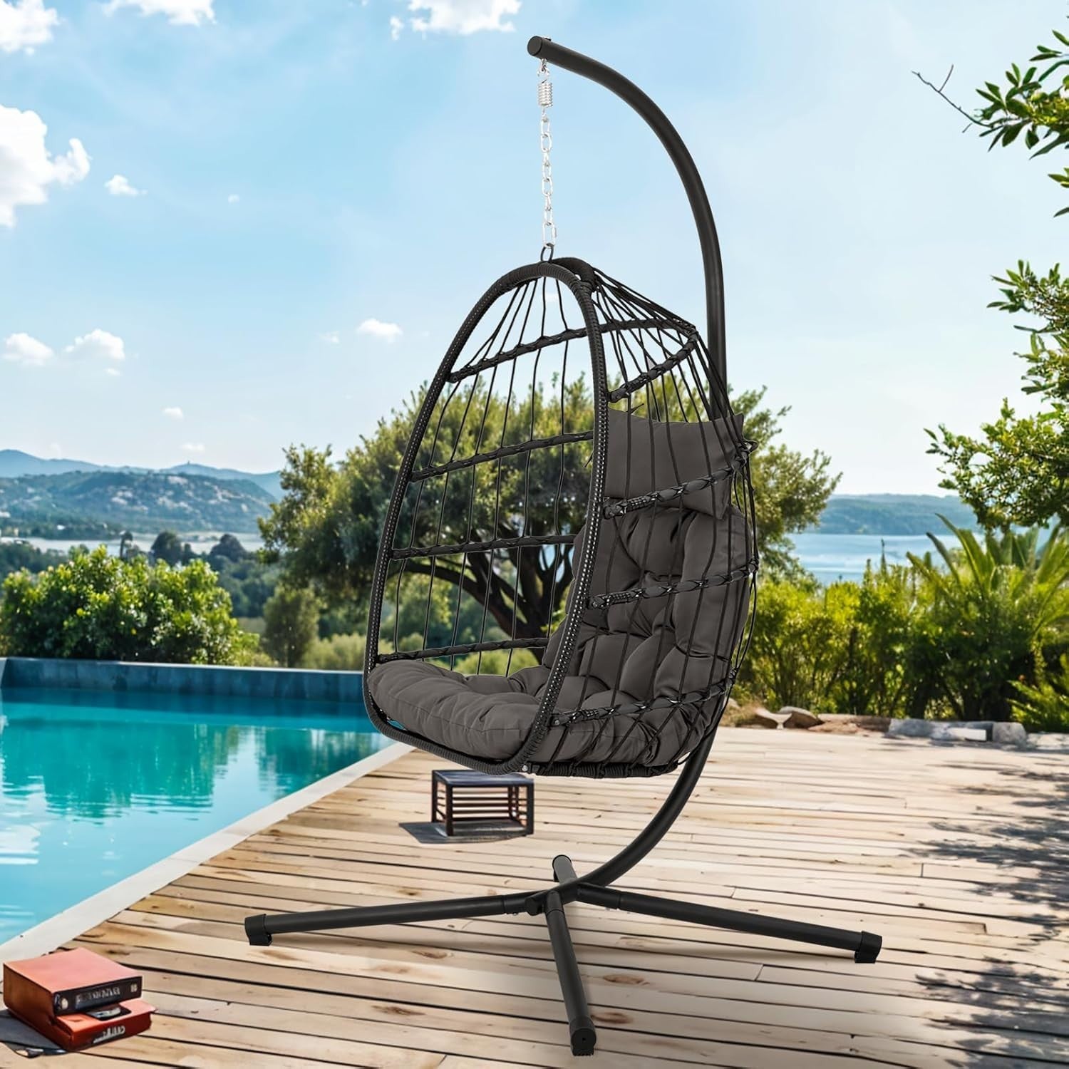 Hanging Egg Chair with Stand Indoor Outdoor Rattan Swing Seat Cushion