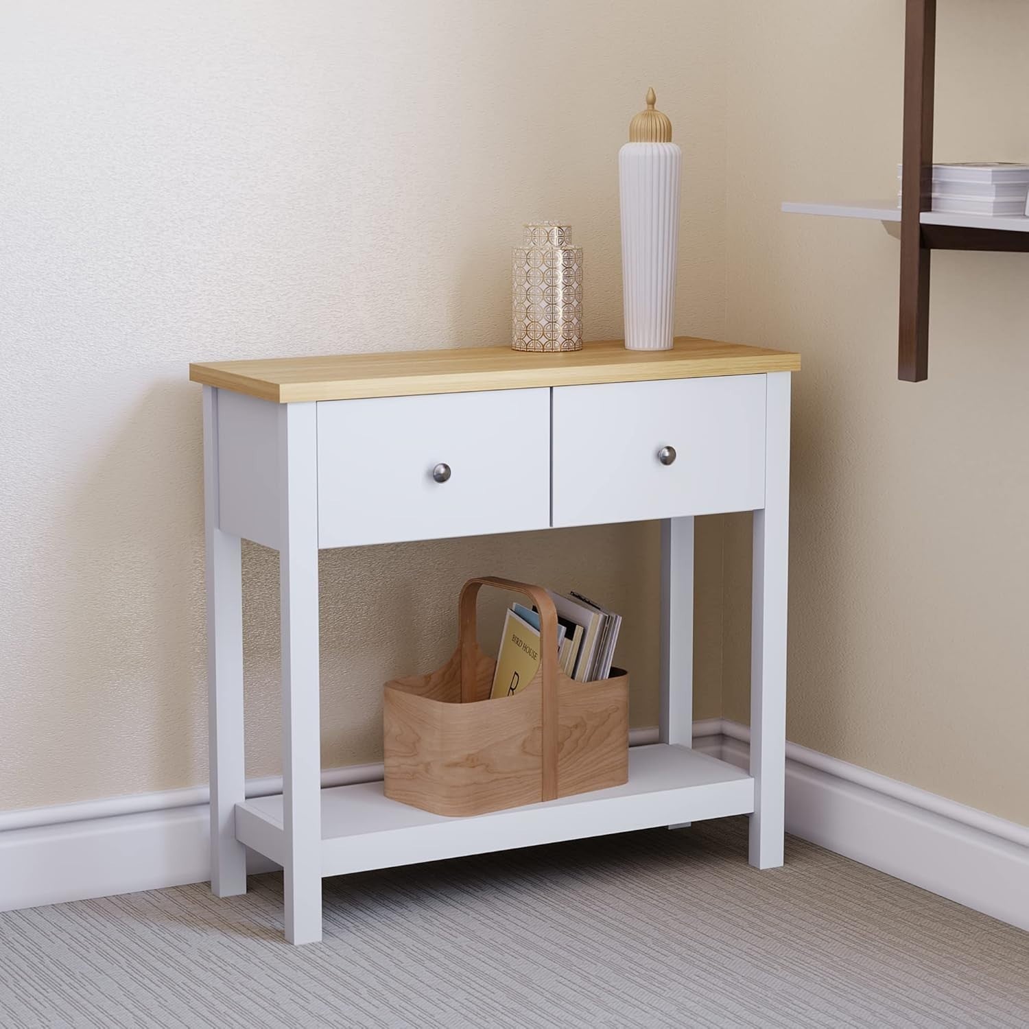 White Console Table with Drawers & Shelf – Slim Hallway Storage Unit