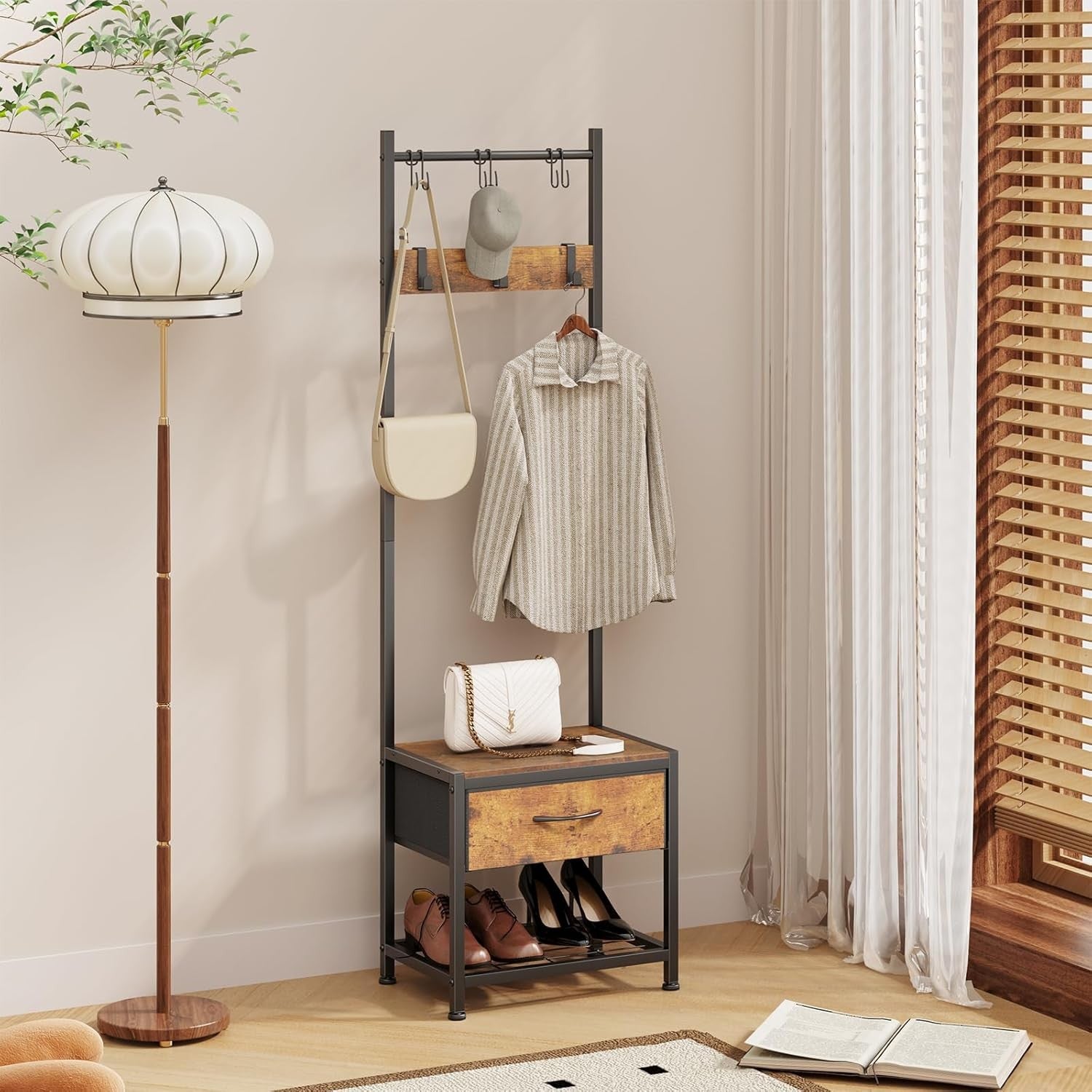 Wall Mounted Oak Coat Rack with Shelf | 9 Hooks Wooden Hanger for Hallway