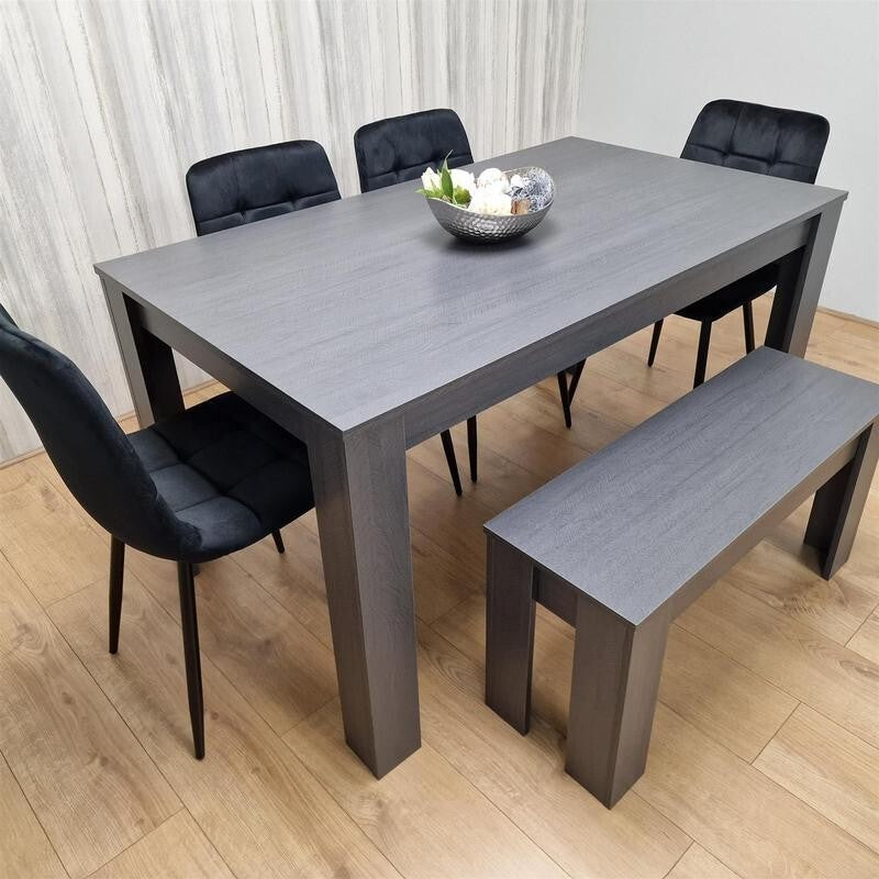 6 Seater Dining Table with 4 Black Chairs & Bench – Dark Wood Kitchen Set
