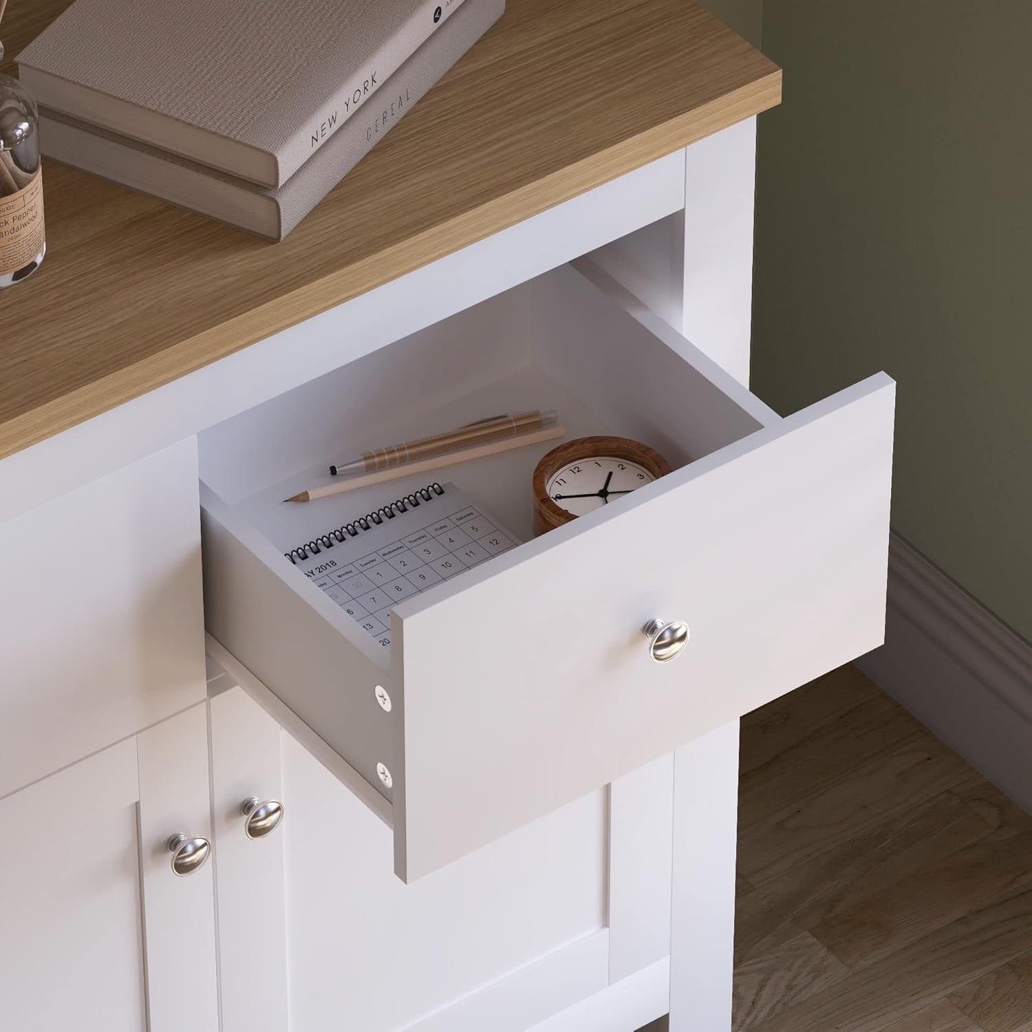 White & Oak Sideboard Cabinet 2 Door 2 Drawer Modern Storage Unit
