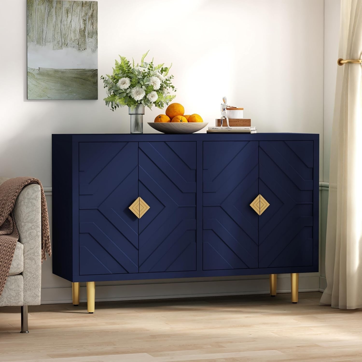 Blue Modern Sideboard Cabinet 4 Door Waterproof Storage Buffet Table