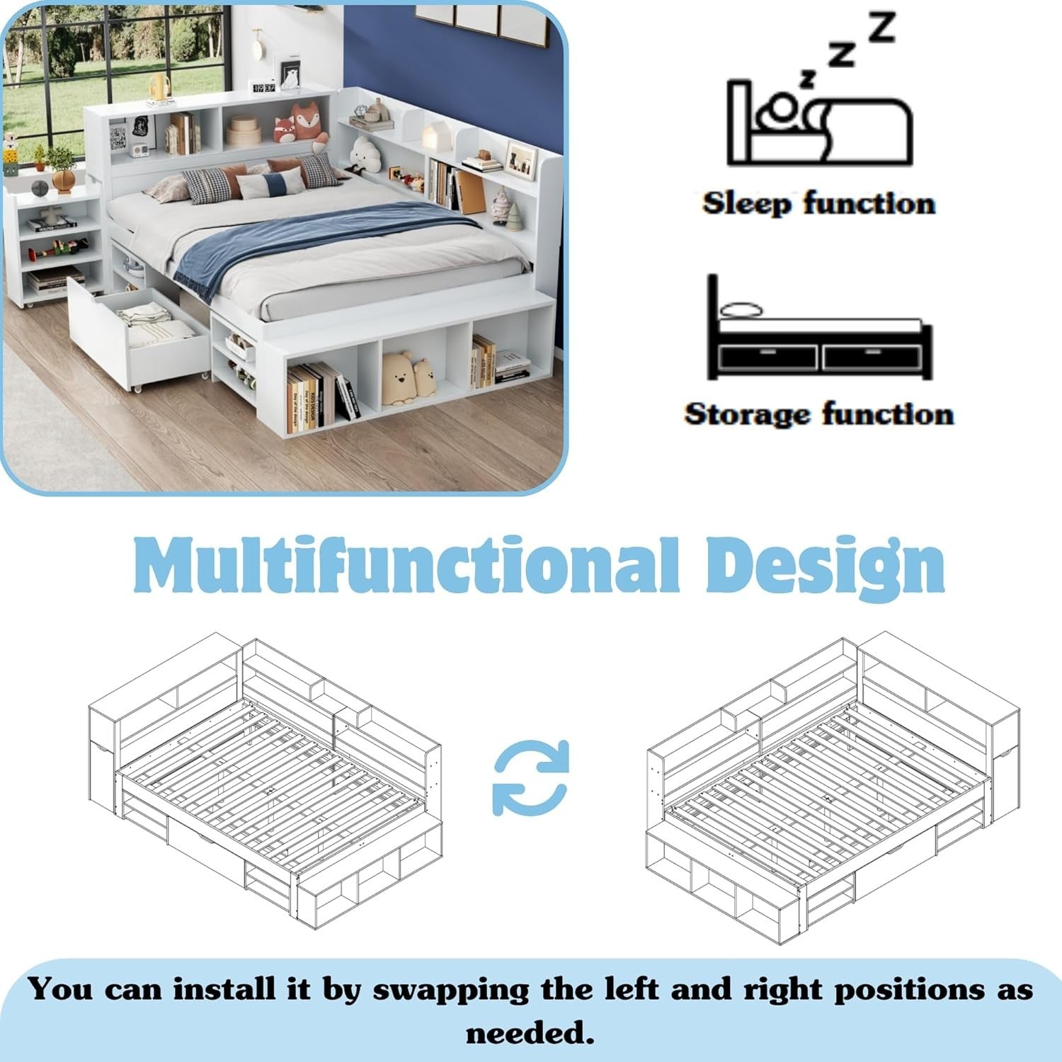 Double Kids Bed with Storage Drawers, Bookshelf & Slatted Frame 135x190cm