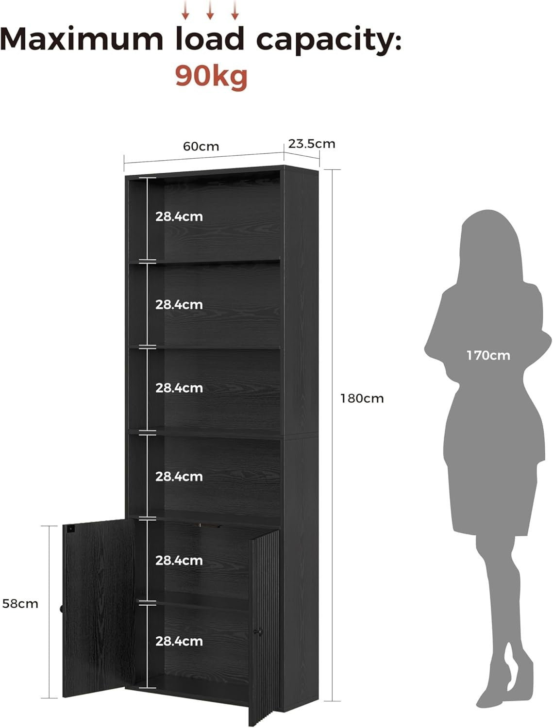 6-Tier Tall Bookshelf with Doors, Space-Saving Storage & Cabinet, Black