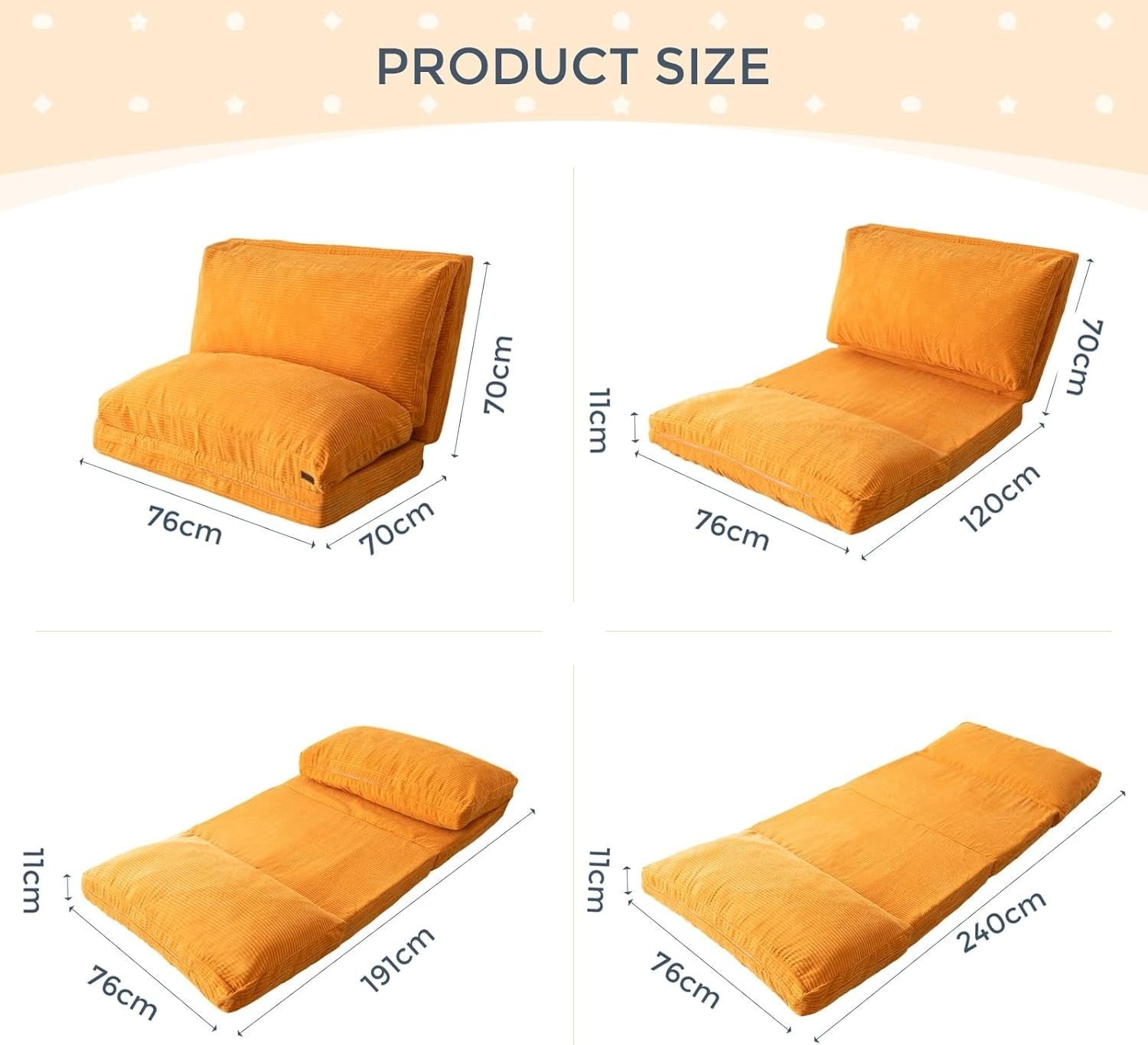 Orange 4 Fold Floor Sofa Bed Chair Washable Corduroy Lounger 75x240cm