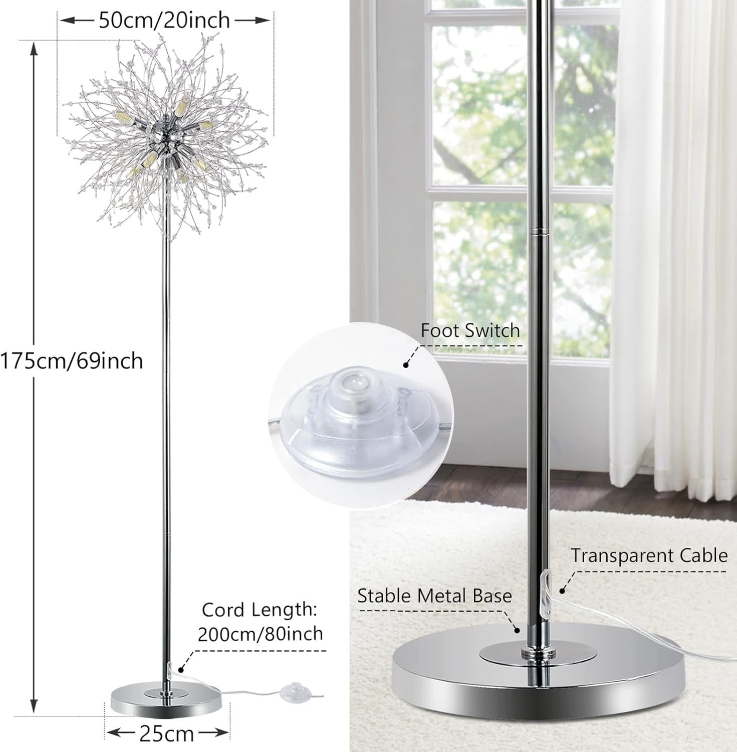 Modern Crystal Floor Lamp Chrome, 8-Light Firework Design, 170cm Tall