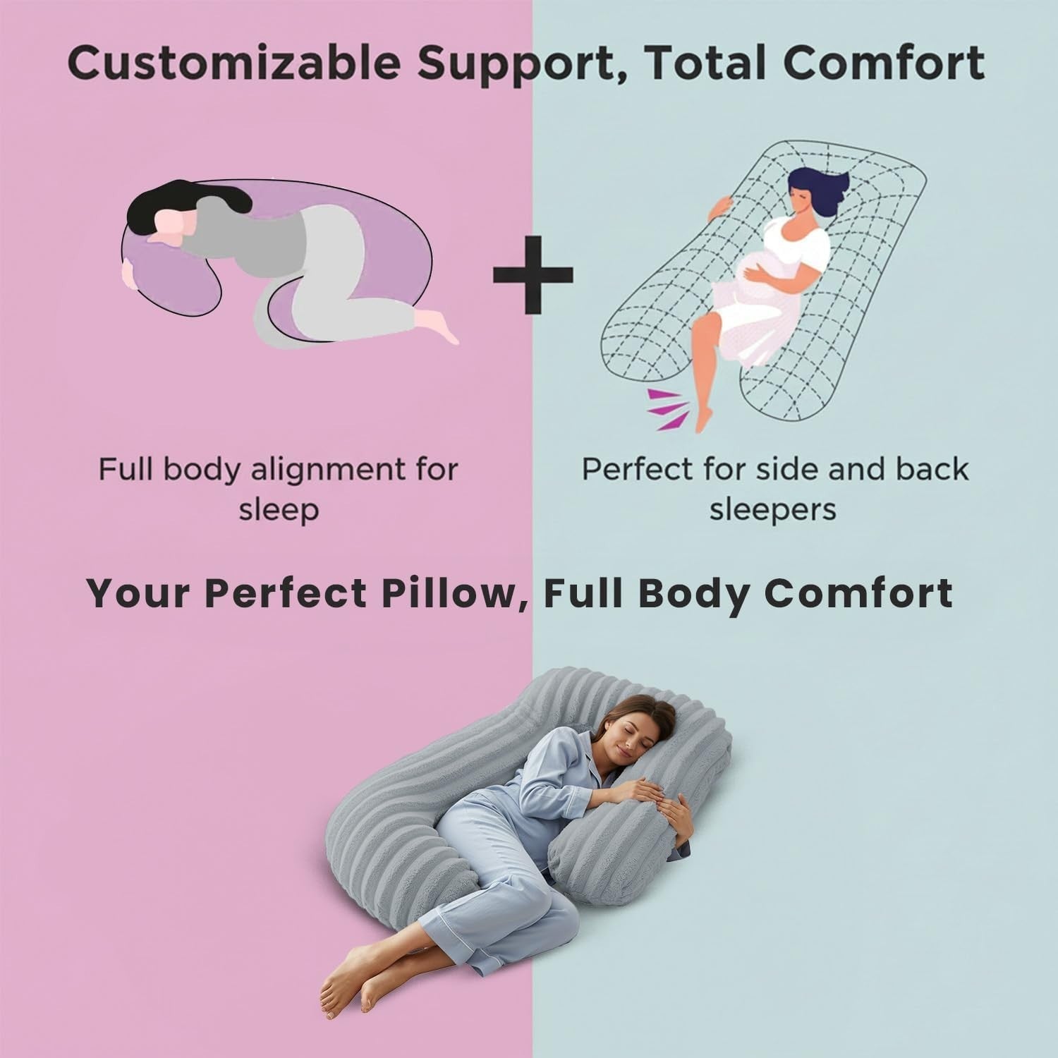 U Shaped Pregnancy Pillow Full Body Plush Side Sleeper Back Support