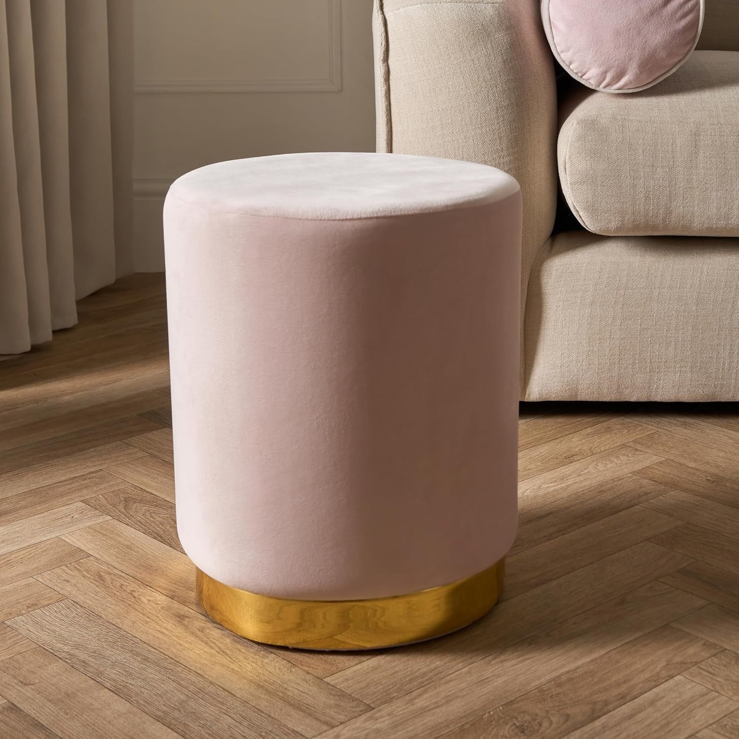 Blush Matte Velvet Ottoman Stool with Gold Metal Base – Luxury Vanity Seat