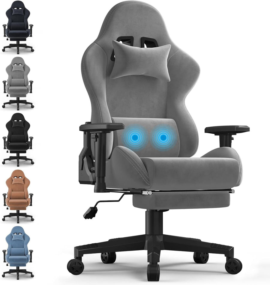 Fabric Gaming Chair Reclining Footrest Massage Lumbar Grey