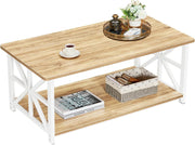 2-Tier Beige Coffee Table with X-Frame, Rounded Corners, 100cm Storage