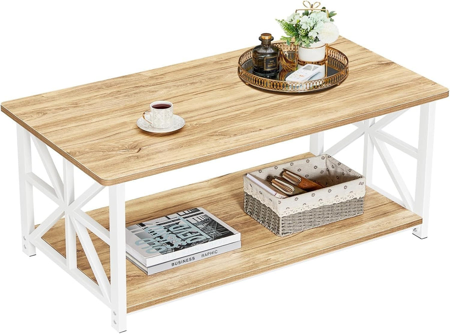 2-Tier Beige Coffee Table with X-Frame, Rounded Corners, 100cm Storage