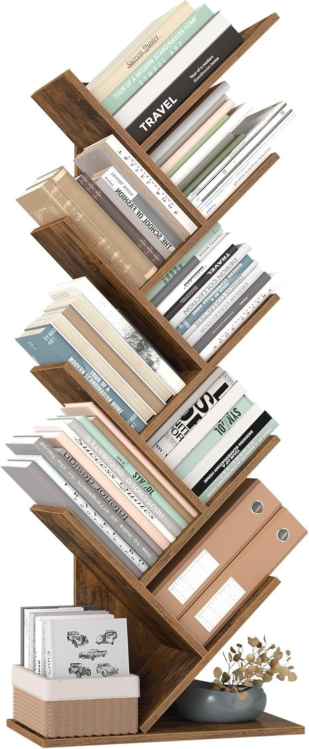 9 Tier Tree Bookshelf Rustic Brown Tall Space Saving Corner Bookcase 141cm