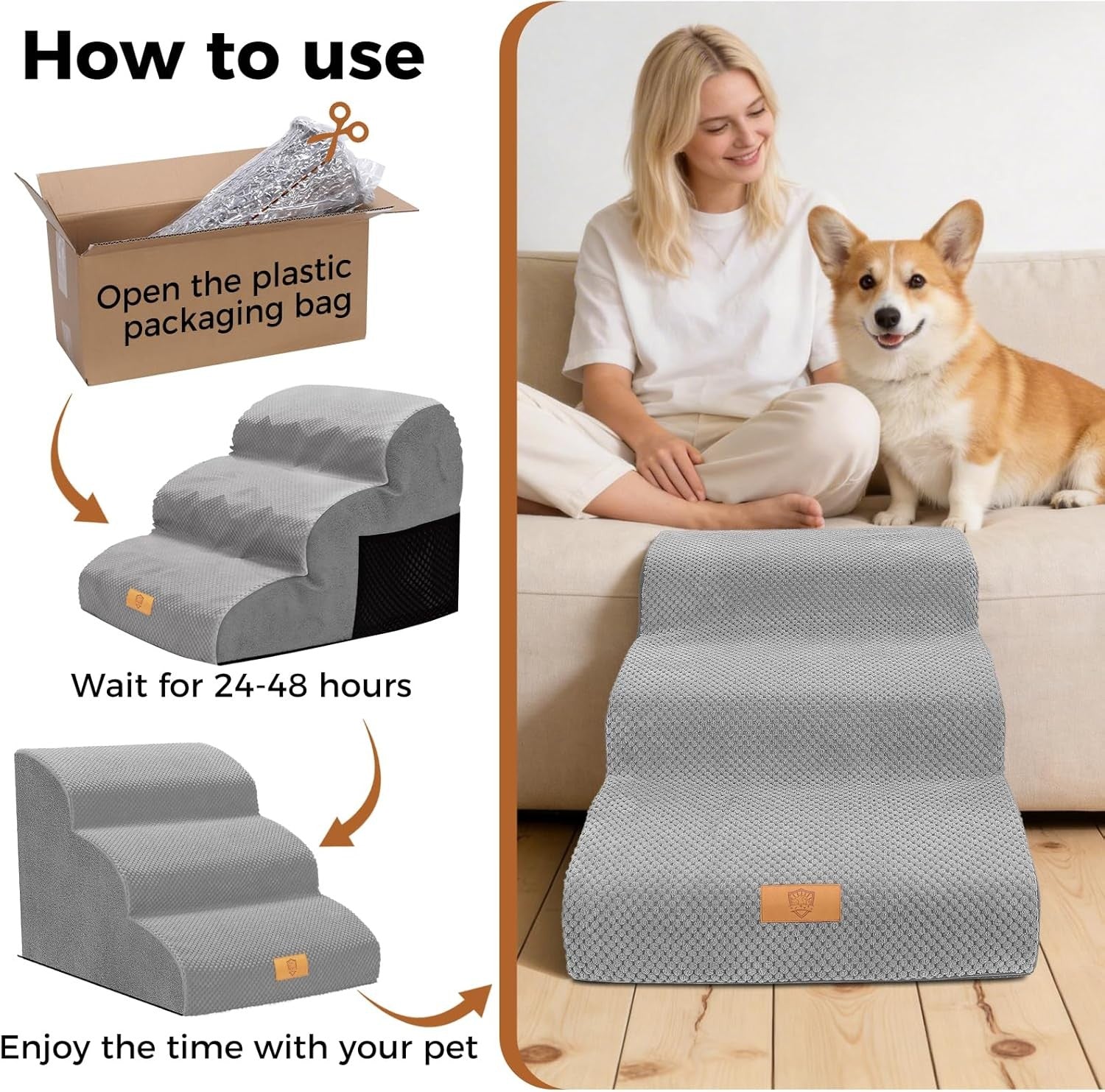 Grey 3 Step Dog Stairs 30D Foam Non Slip Ramp 60x40x40cm