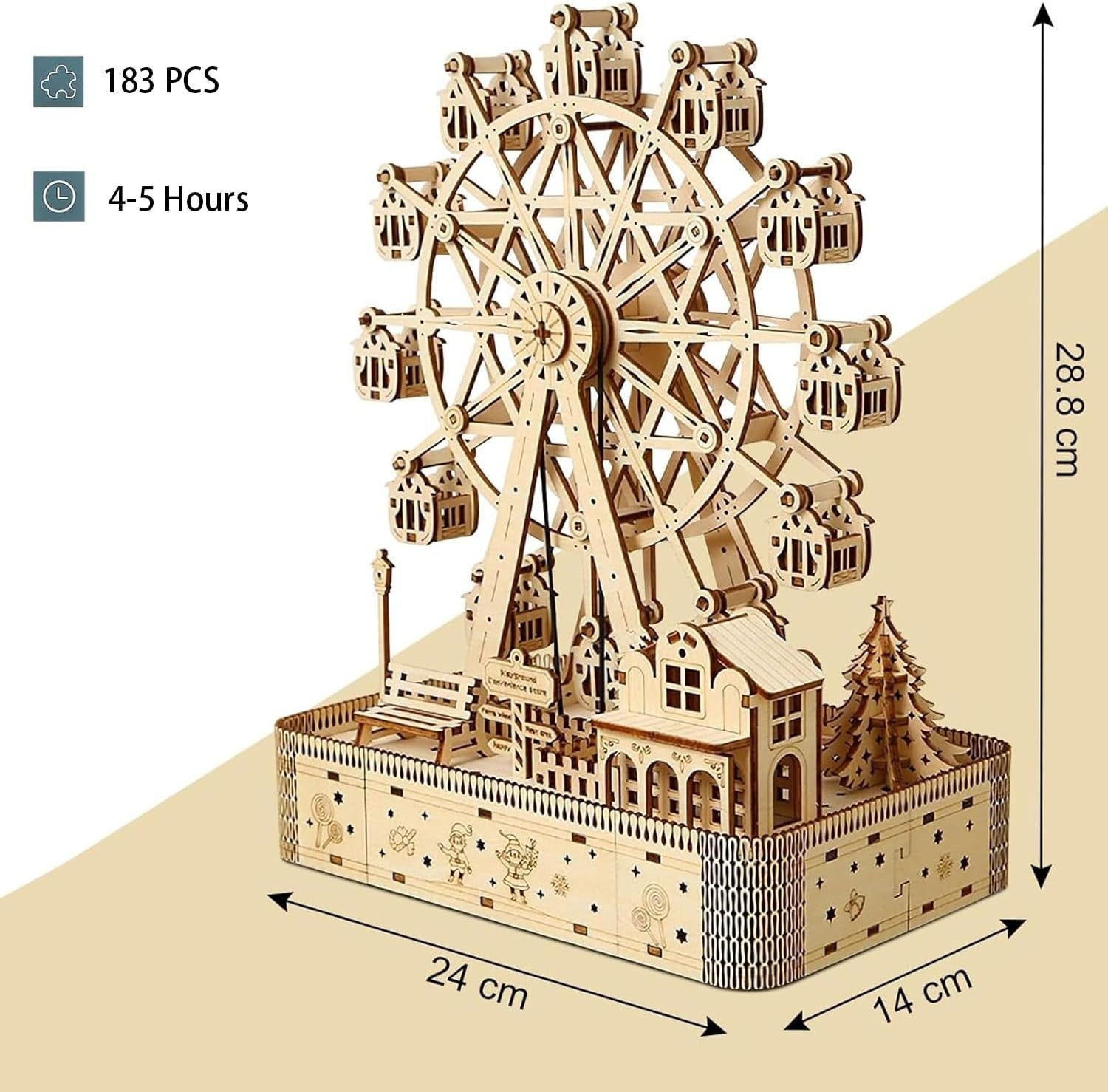 DIY Wooden Ferris Wheel Puzzle Kit – Music Box Model w/ LED Lights Gift