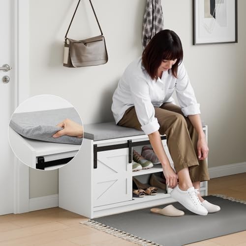 Farmhouse Shoe Storage Bench 2-Tier Sliding Barn Doors, Cushioned Seat