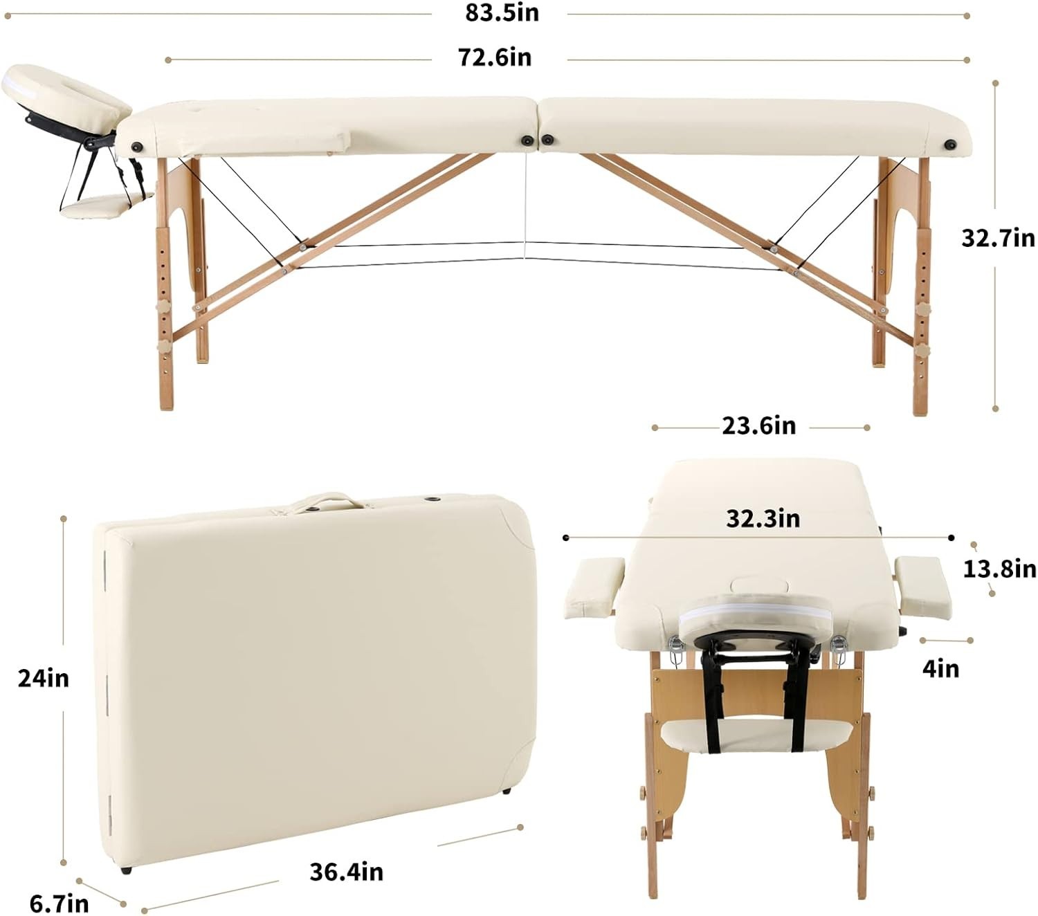 Portable Massage Table Foldable Wooden 2-Section Therapy Tattoo Spa Bed Beige