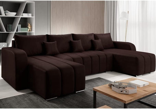 U-Shaped Sofa Bed with Storage, Adjustable Headrest, Velour Brown