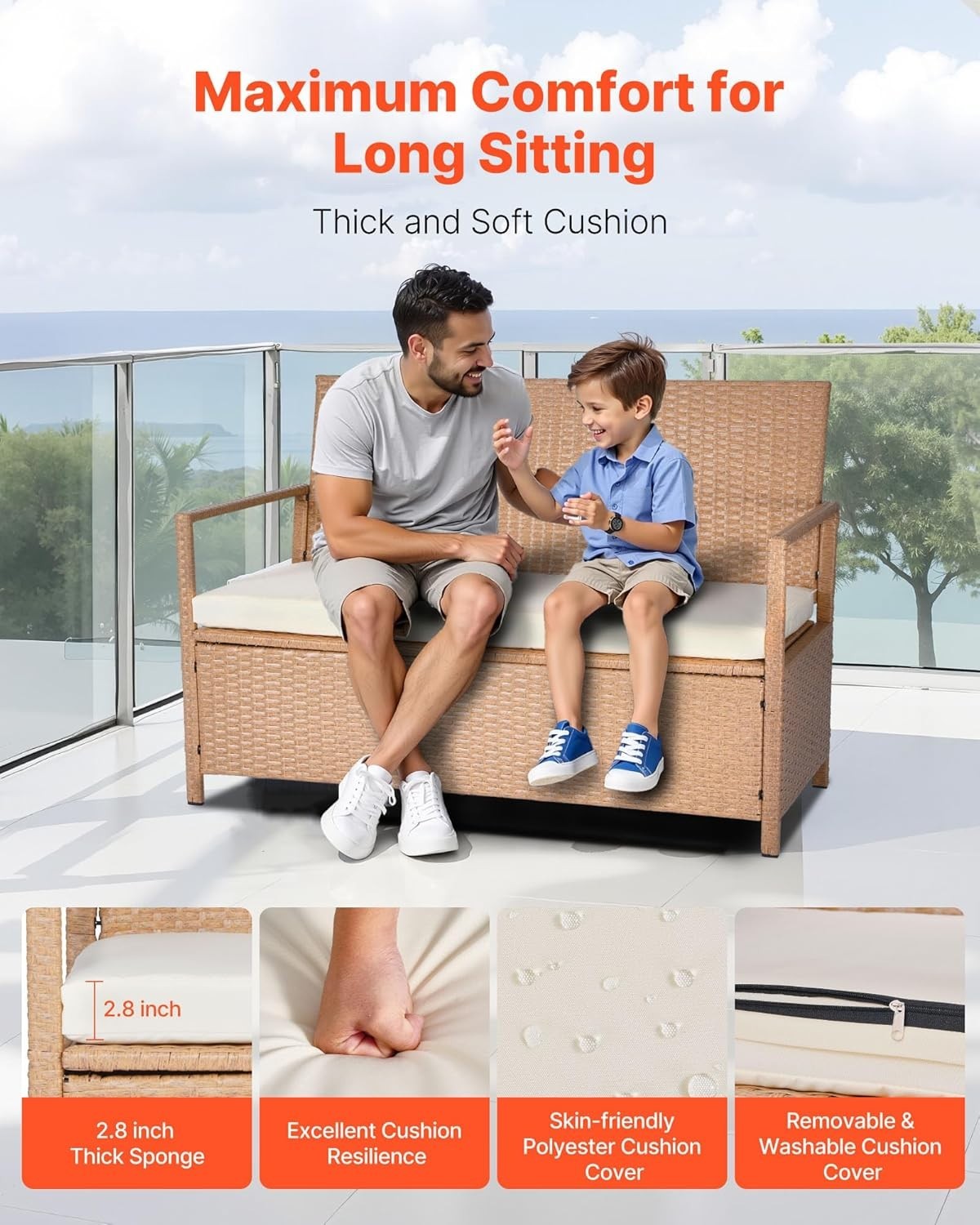 Outdoor 2-Person Storage Bench with Cushion – Weatherproof Rattan Deck Box