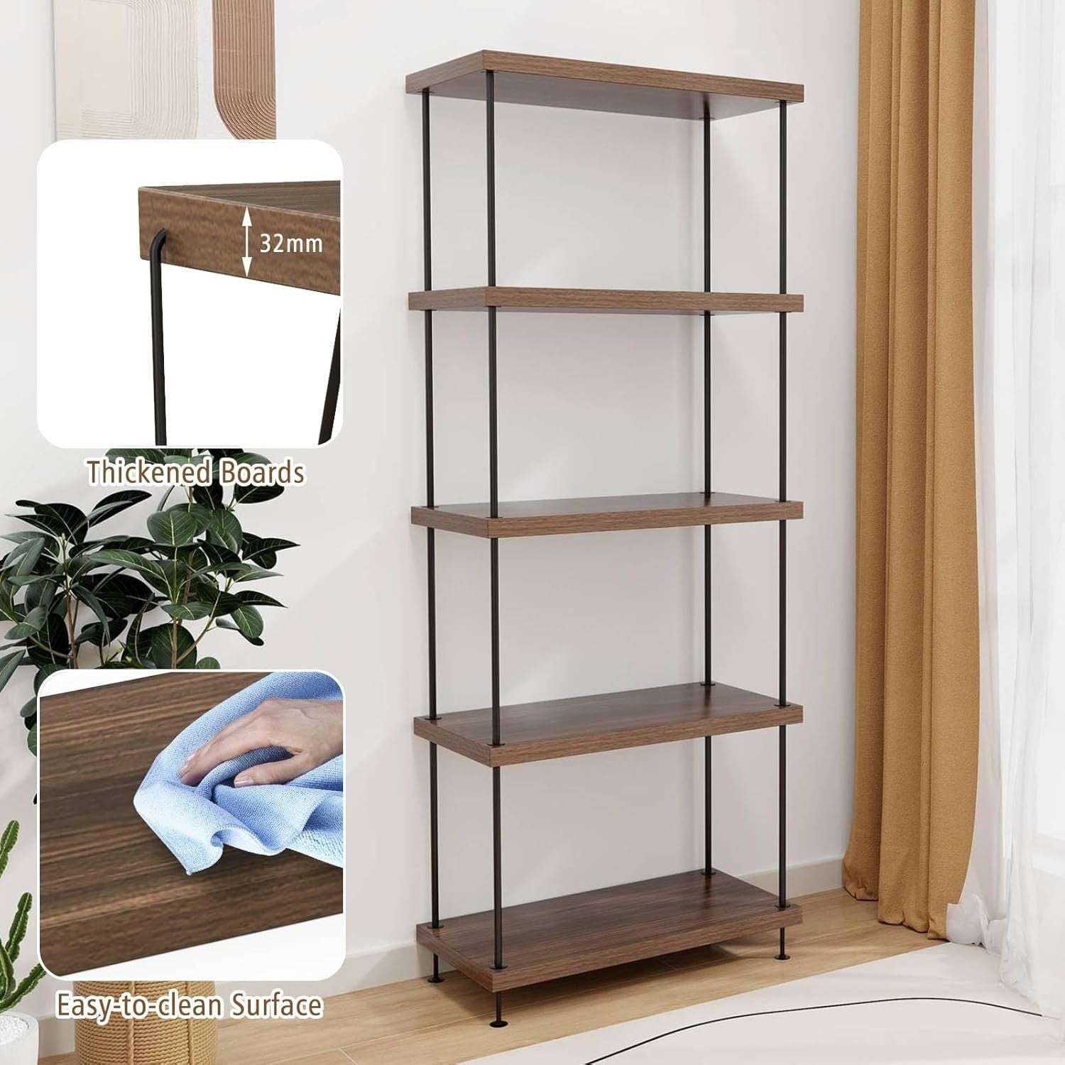 5-Tier Industrial Bookshelf Metal Frame Rustic Wood Storage Shelving Unit