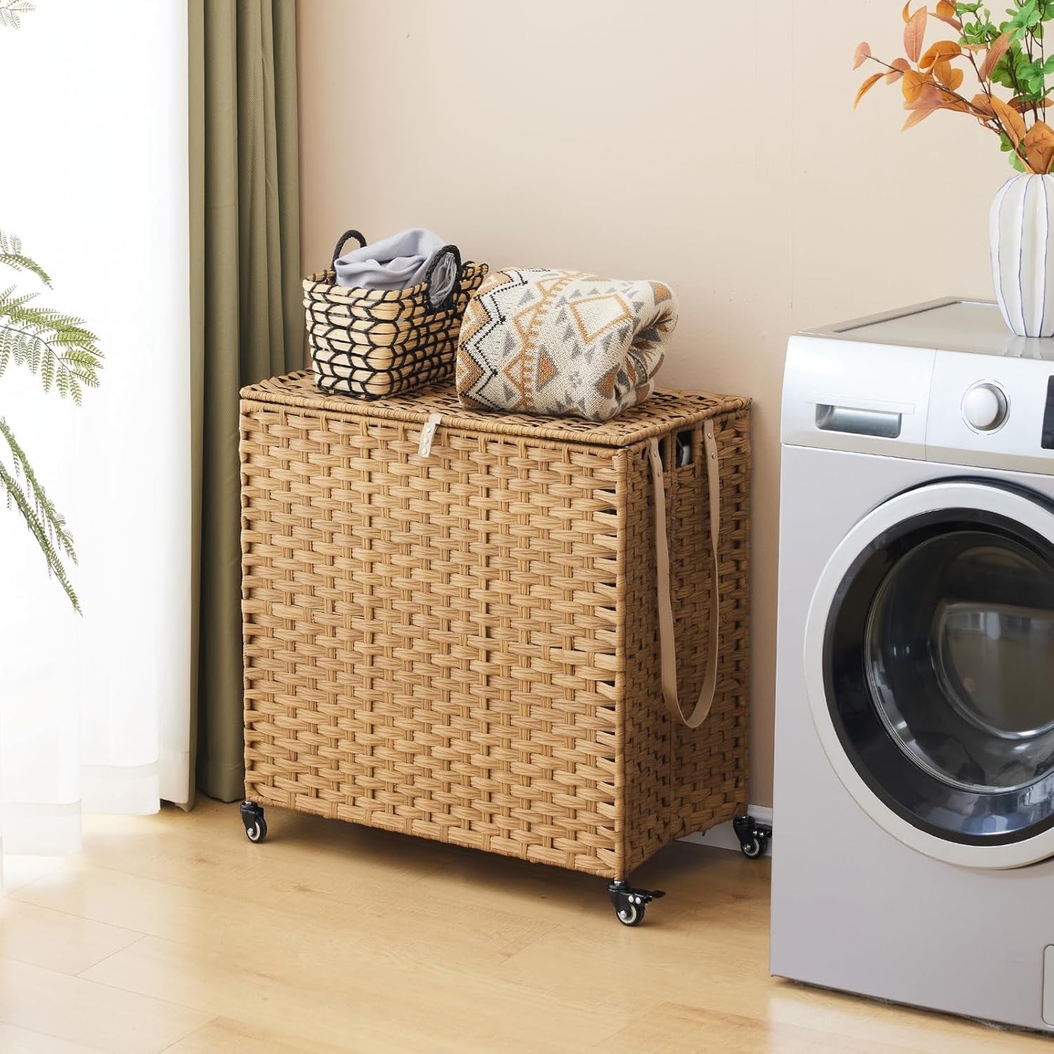Large 150L Rattan Laundry Hamper on Wheels 3-Section Sorter with Lid & Bags