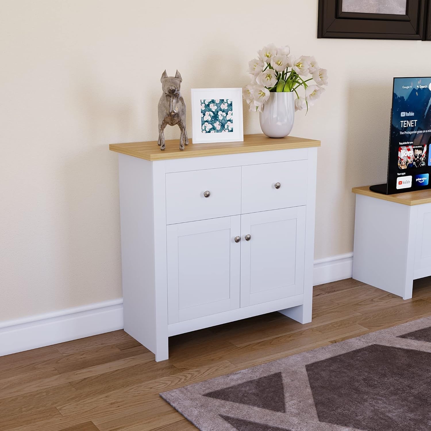 White & Oak Sideboard Cabinet 2 Door 2 Drawer Modern Storage Unit
