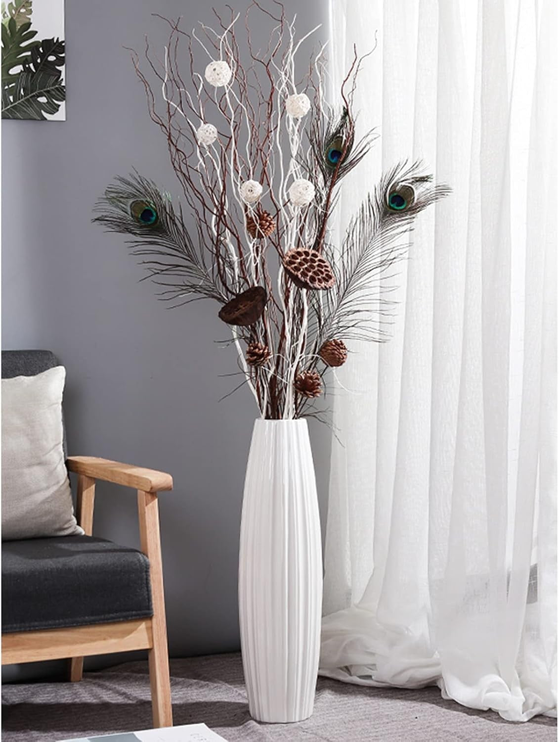 Tall Floor Vase 45cm White Striped Ceramic Pampas Grass Modern Home Decor