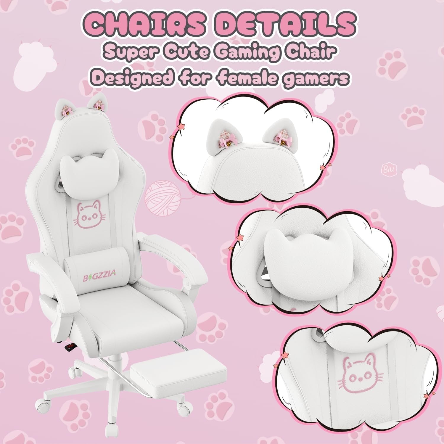 Gaming Chair with Cat Ears Massage Lumbar Recliner White