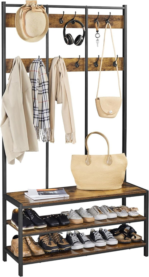 Rustic Brown Hall Tree with 24 Hooks & Shoe Bench Metal Coat Rack Stand