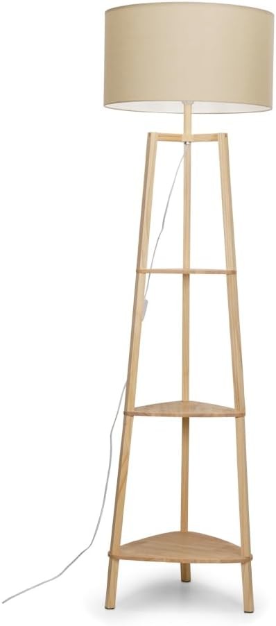 Wooden Floor Lamp with Shelves Beige Shade Storage Standing Light LED