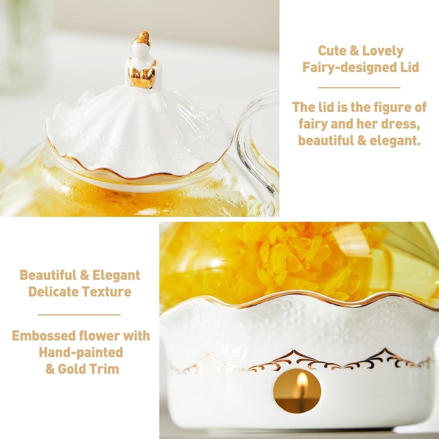 Luxury Blooming Tea Pot Set 1.2L Warmer Infuser Gold Trim Gift