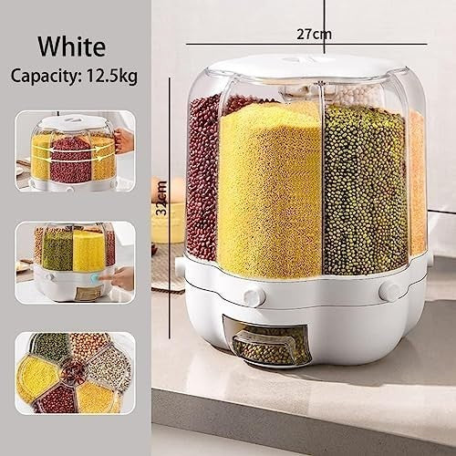 10KG 6 Grid Rotating Cereal Dispenser 360° Grain Storage Container