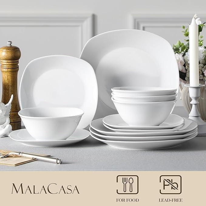 12 Piece White Dinner Set Plates Bowls Porcelain Square Chip Resistant for 4