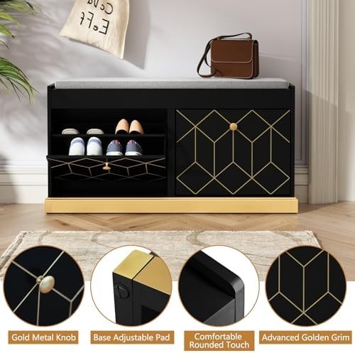 Black Shoe Storage Bench with Cushion Flip Drawer Modern Hallway Cabinet