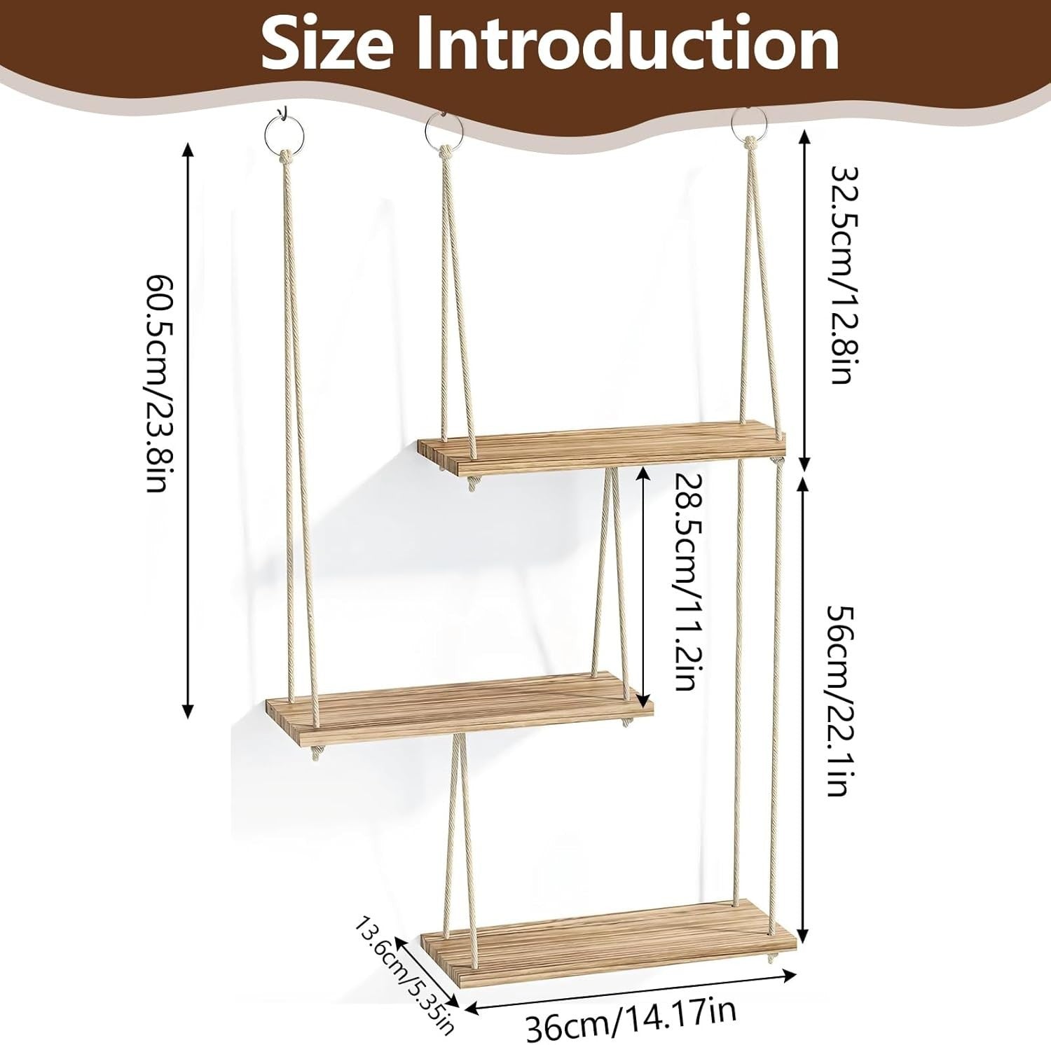 3-Tier Boho Wood Hanging Wall Shelf Floating Storage Rack