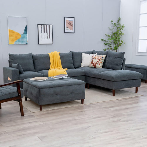6 Seater Corner Sofa with Chaise Grey Linen L Shape USB Charging Modern Couch